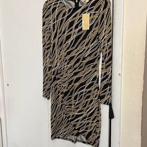 Michael Kors Lola Chain & Pearls Print Black and Gold Dress